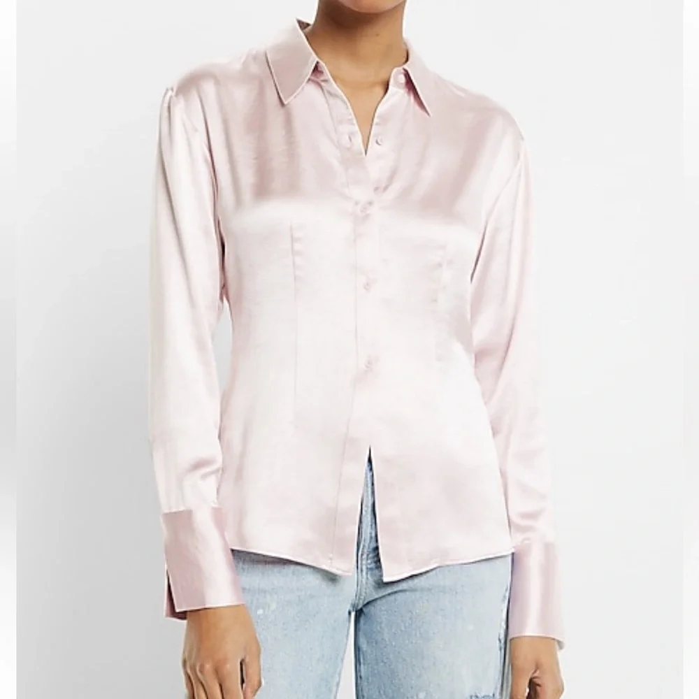 NWT Satin Split Front Slim Portofino Shirt - Picture 5 of 6